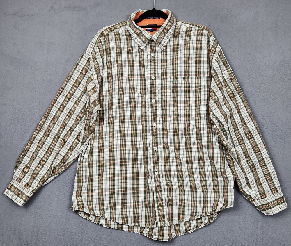 TOMMY HILFIGER Shirt Mens XXL Green Check Button-Down Crest 90s VINTAGE Pocket